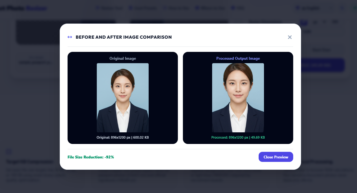 Govt Photo Resizer Live Proof — 600 KB Original Photo Compressed to 49.69 KB with 92% File Size Reduction and clear face details for government form upload